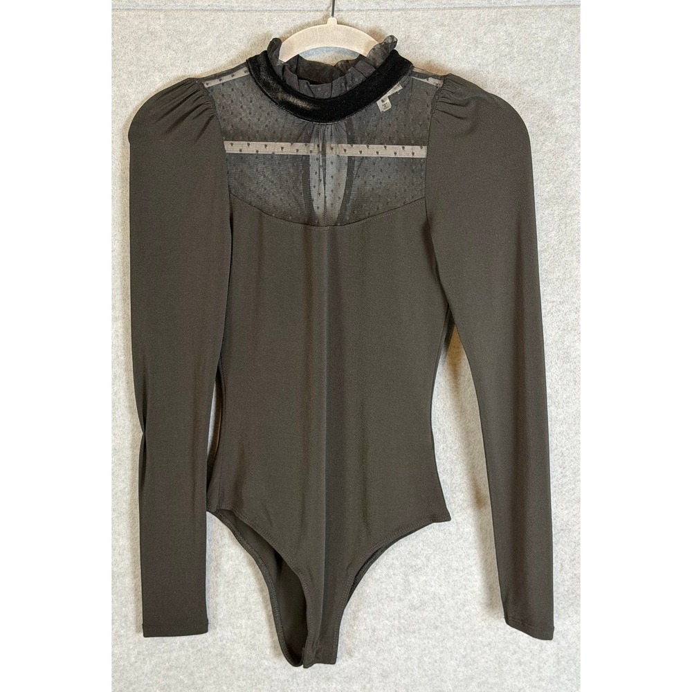 Chic Edwardian‎ Romantic Bodysuit M Black Mesh Swiss Dot Velvet Mock Neck Goth